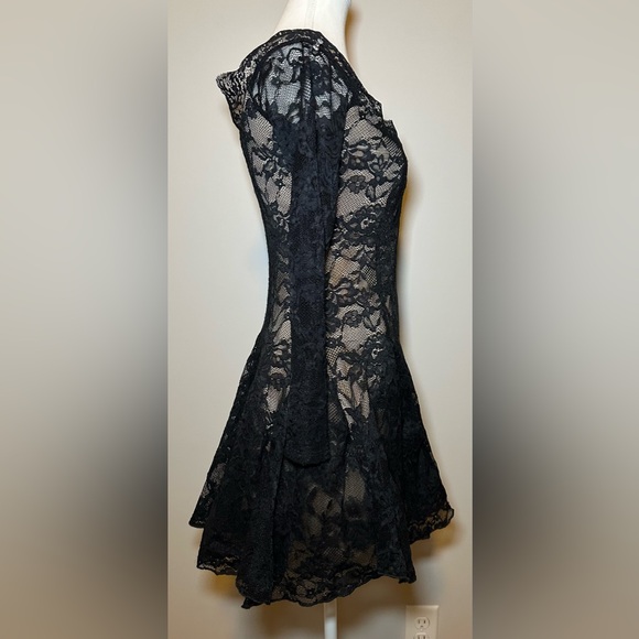 Black Lace Long Sleeve Mini Dress Sheer Floral Goth Fairy Romantic Fit & Flare - Picture 5 of 9